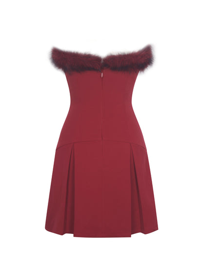 Nalia Crimson Fur Trimmed Sweetheart Mini Dress - Miss Circle