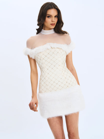 Taylor Ivory Fur Trimmed Beaded Bouclé Mini Dress - Miss Circle