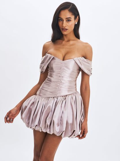 Milena Champagne Ruched Asymmetrical Bubble Mini Dress - Miss Circle