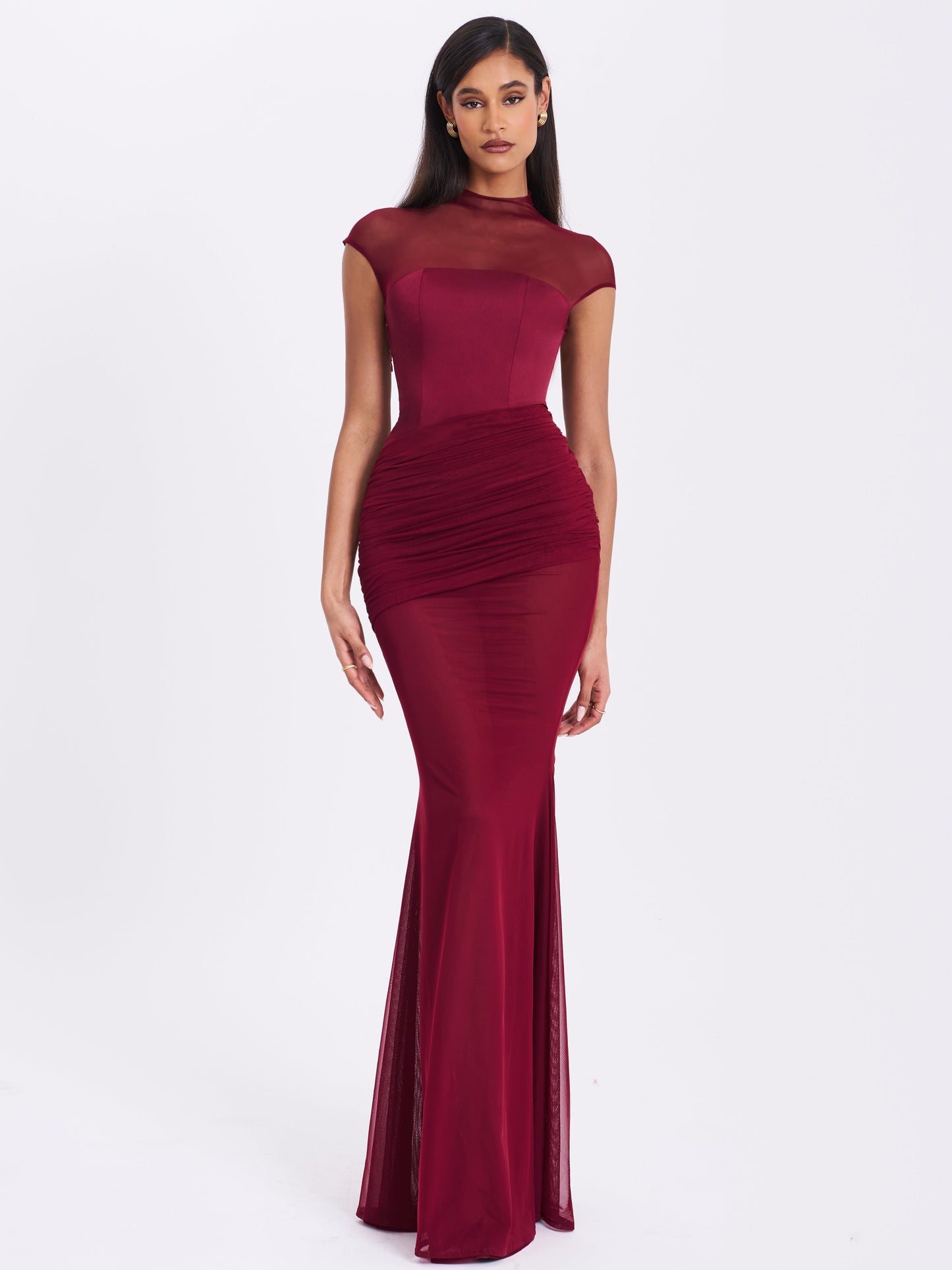Fabienne Burgundy Mesh Cap Sleeve Mermaid Gown - Miss Circle