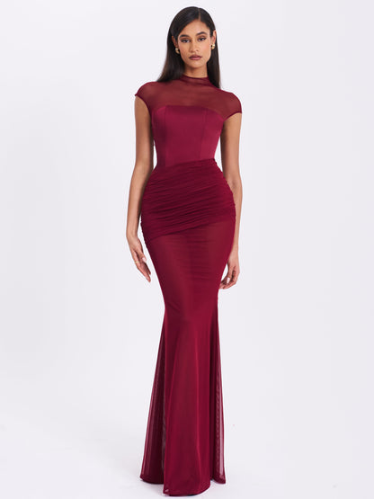 Fabienne Burgundy Mesh Cap Sleeve Mermaid Gown - Miss Circle