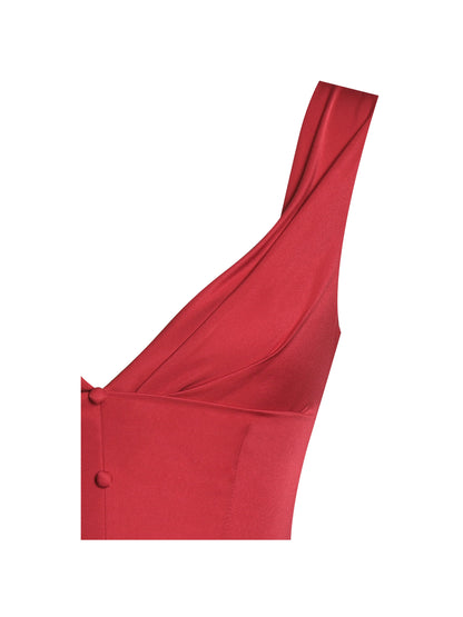 Nahla Red Drop Waist Midi Dress with Buttons - Miss Circle