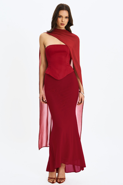 Giselle Crimson Peplum Mermaid Gown with Chiffon Scarf - Miss Circle