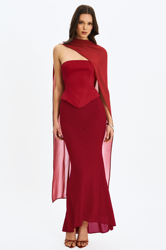 Giselle Crimson Peplum Mermaid Gown with Chiffon Scarf - Miss Circle