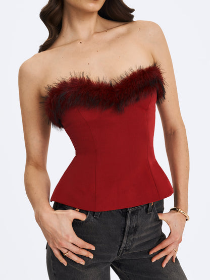 Ivette Crimson Fur-Trimmed Peplum Top - Miss Circle