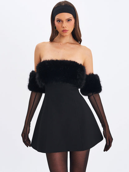 Evelyn Black Fur-Trimmed Mini A-Line Dress - Miss Circle