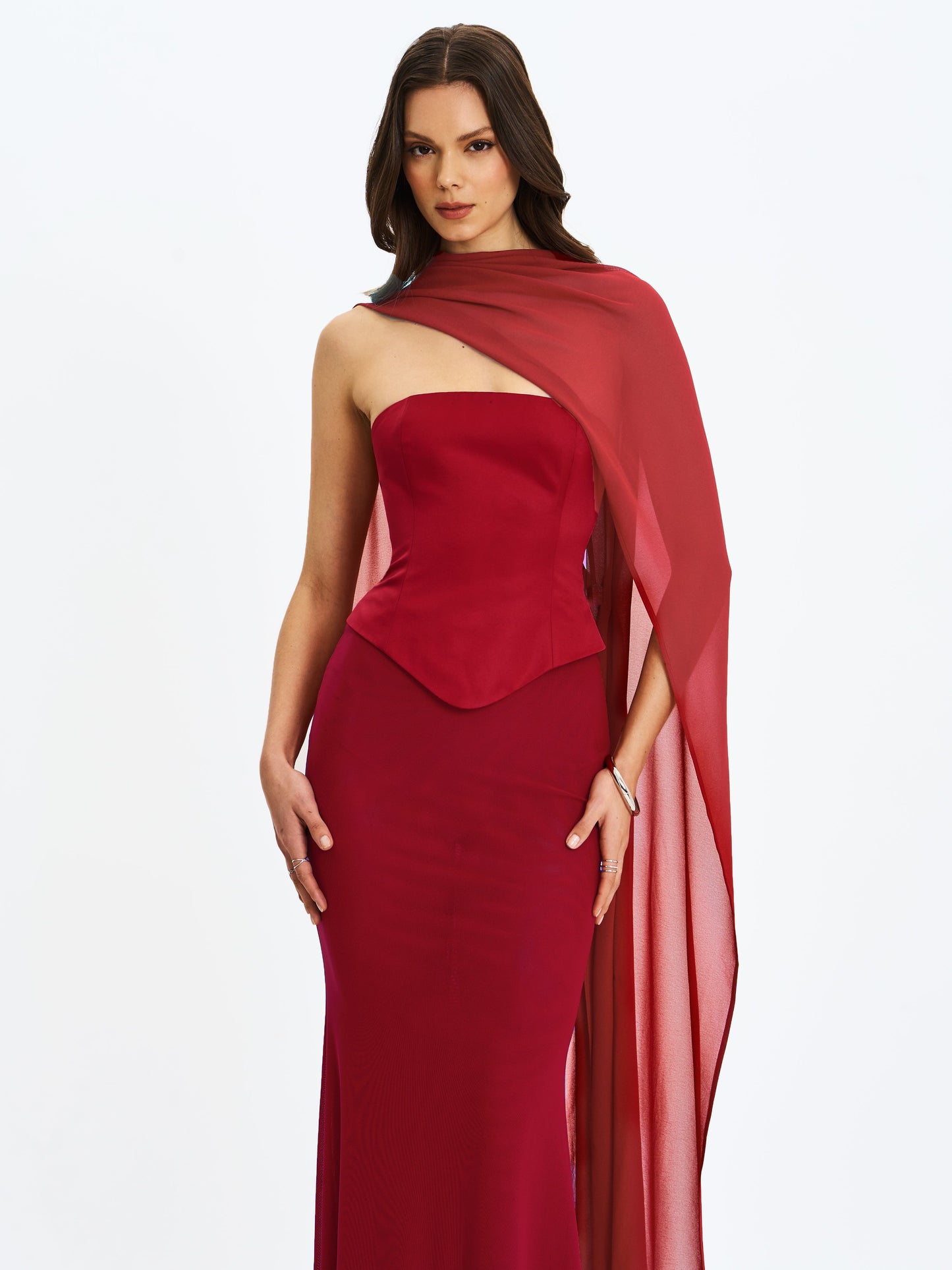 Giselle Crimson Peplum Mermaid Gown with Chiffon Scarf - Miss Circle
