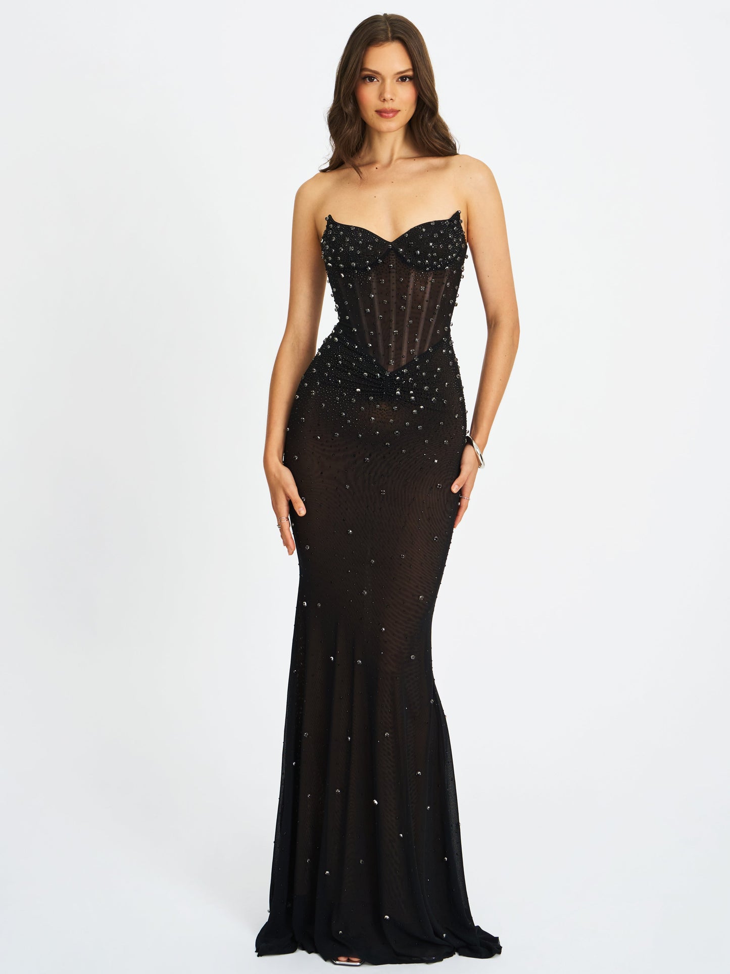 Fatima Black Crystal Sleeveless Corset Mermaid Maxi Dress - Miss Circle