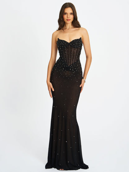 Fatima Black Crystal Sleeveless Corset Mermaid Maxi Dress - Miss Circle