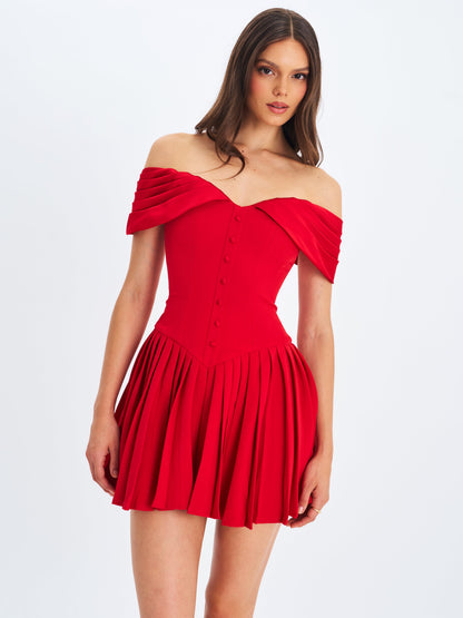 Narelle Crimson Off-Shoulder Sweetheart Drop Waist Mini Dress - Miss Circle