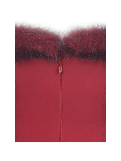 Nalia Crimson Fur Trimmed Sweetheart Mini Dress - Miss Circle