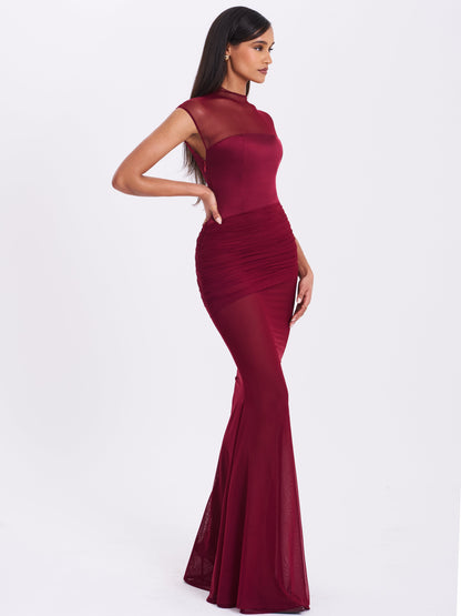 Fabienne Burgundy Mesh Cap Sleeve Mermaid Gown - Miss Circle