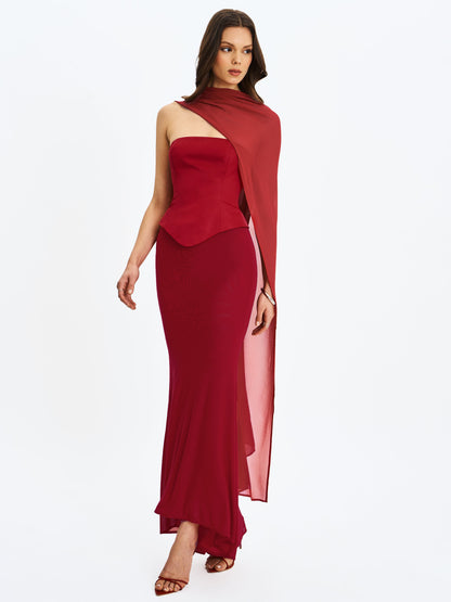 Giselle Crimson Peplum Mermaid Gown with Chiffon Scarf - Miss Circle