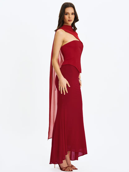Giselle Crimson Peplum Mermaid Gown with Chiffon Scarf - Miss Circle