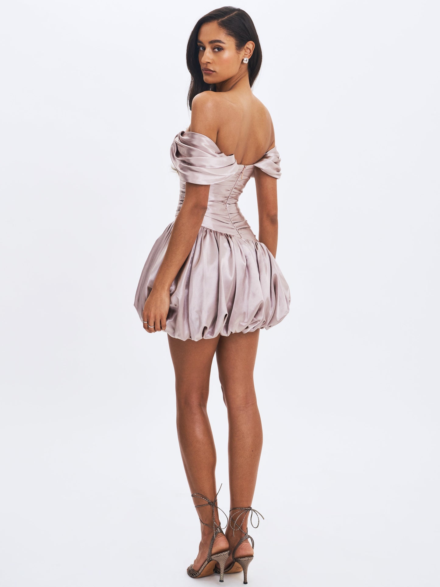Milena Champagne Ruched Asymmetrical Bubble Mini Dress - Miss Circle