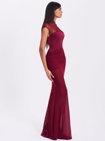 Fabienne Burgundy Mesh Cap Sleeve Mermaid Gown - Miss Circle
