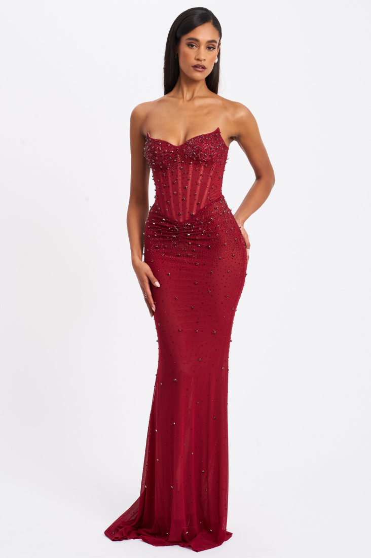Fatima Burgundy Crystal Sleeveless Corset Mermaid Maxi Dress - Miss Circle