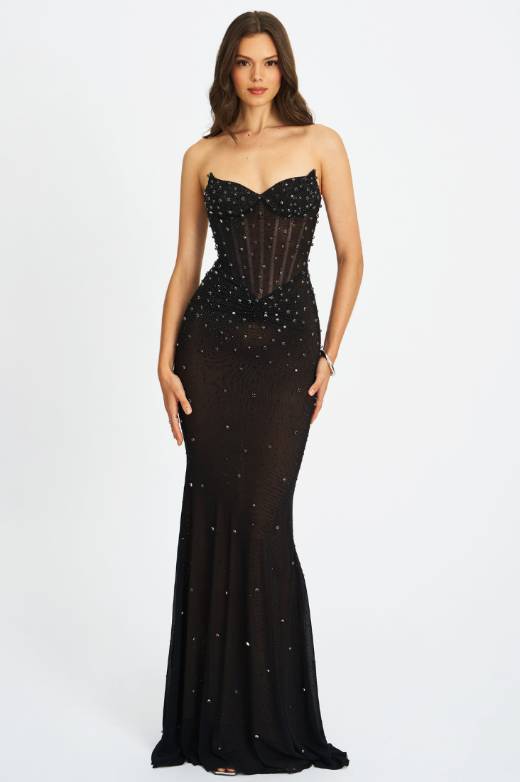Fatima Black Crystal Sleeveless Corset Mermaid Maxi Dress - Miss Circle