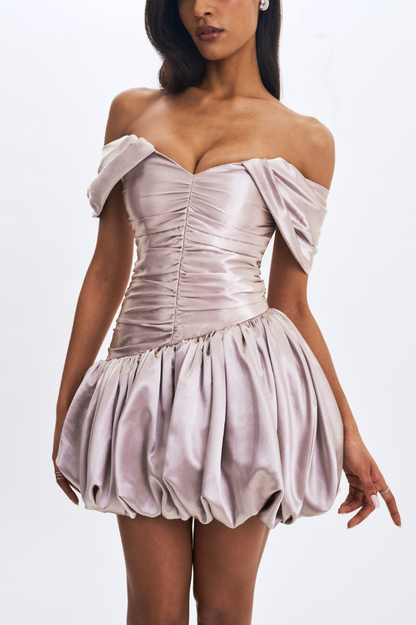 Milena Champagne Ruched Asymmetrical Bubble Mini Dress - Miss Circle