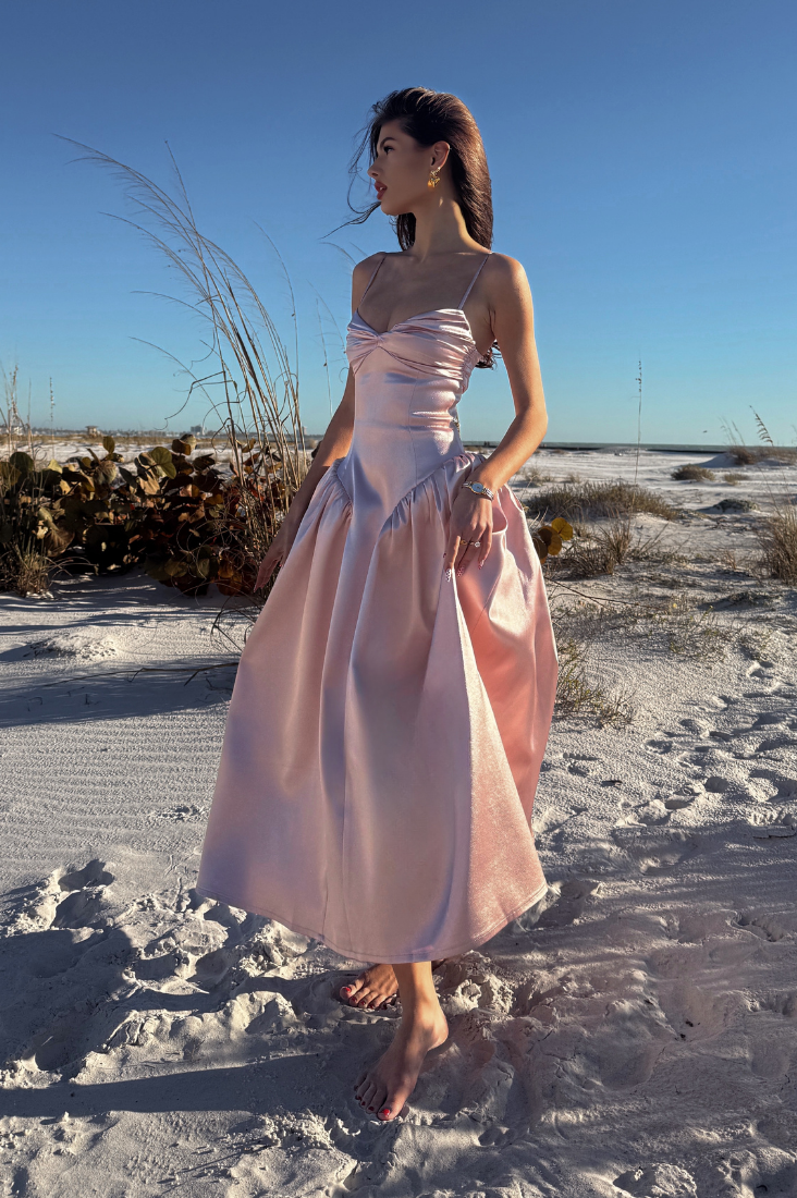 Tullia Dusty Rose Satin Ruched Midi Dress - Miss Circle