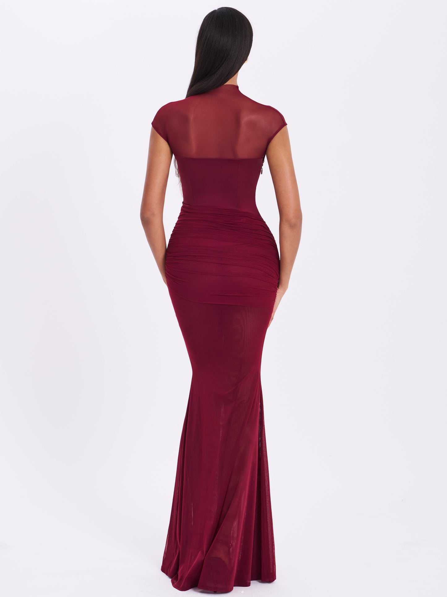 Fabienne Burgundy Mesh Cap Sleeve Mermaid Gown - Miss Circle