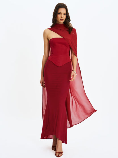 Giselle Crimson Peplum Mermaid Gown with Chiffon Scarf - Miss Circle