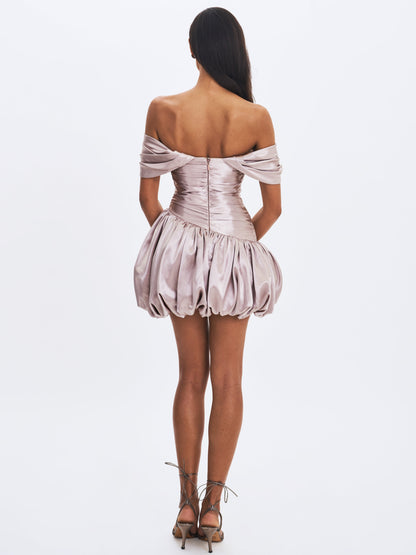 Milena Champagne Ruched Asymmetrical Bubble Mini Dress - Miss Circle