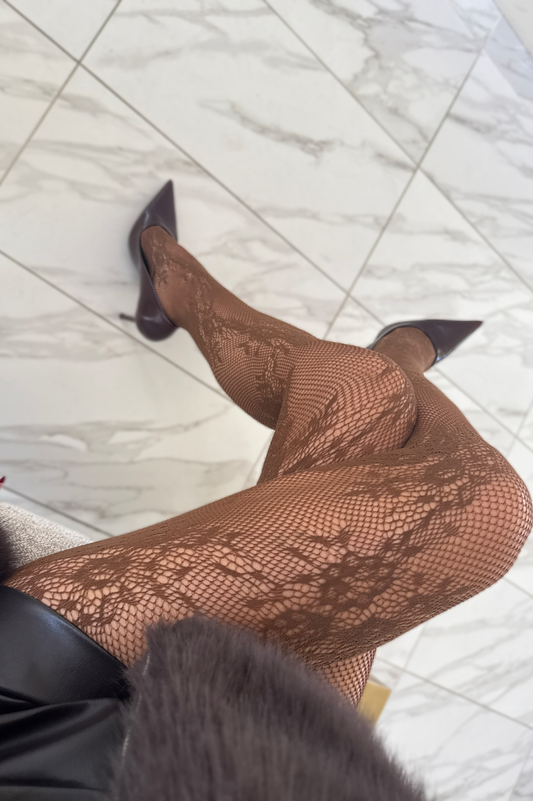 Floral Fishnet Tights - Brown