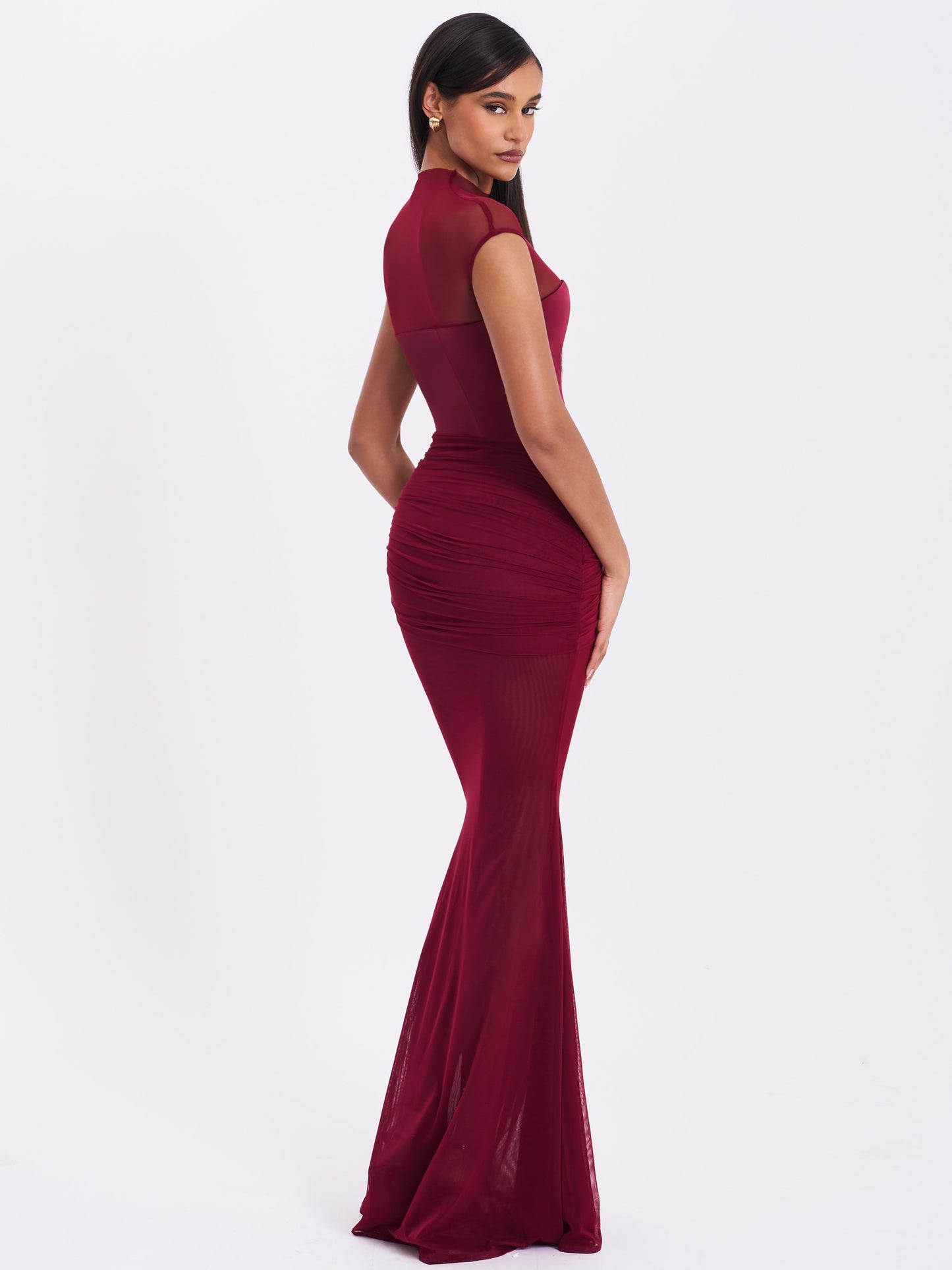 Fabienne Burgundy Mesh Cap Sleeve Mermaid Gown - Miss Circle