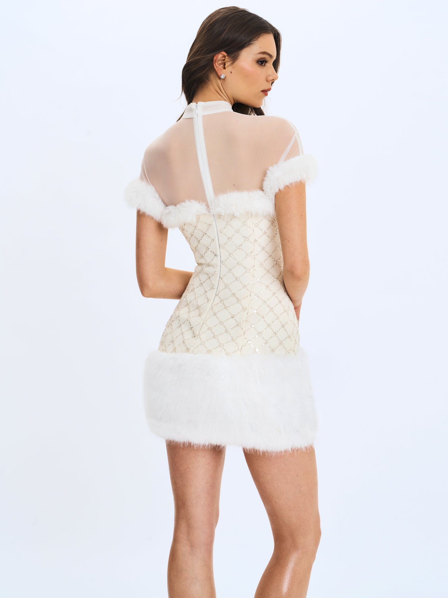 Taylor Ivory Fur Trimmed Beaded Bouclé Mini Dress - Miss Circle