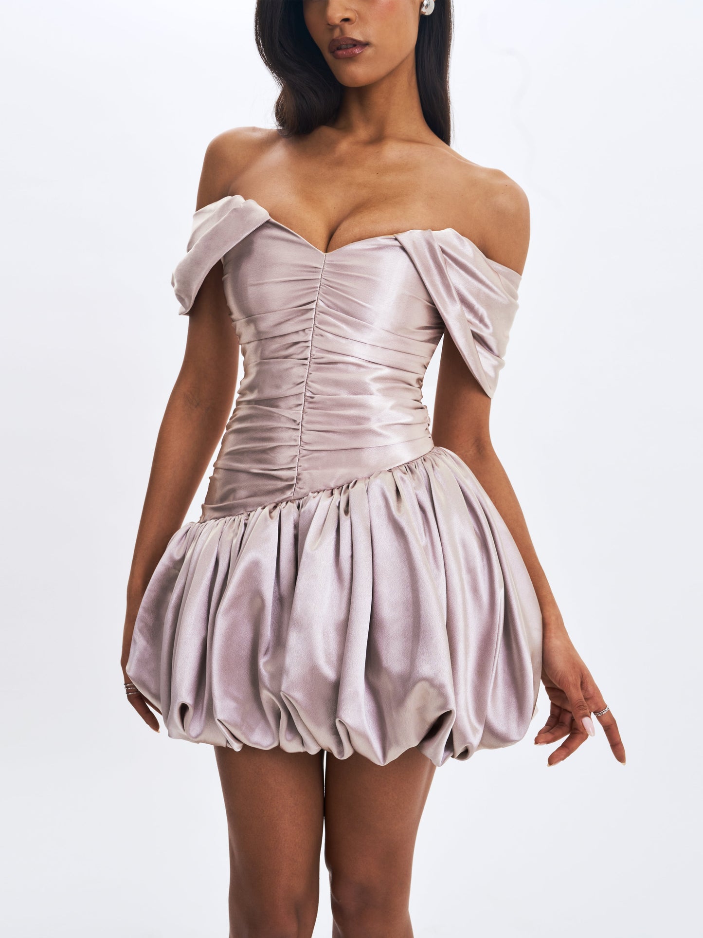 Milena Champagne Ruched Asymmetrical Bubble Mini Dress - Miss Circle