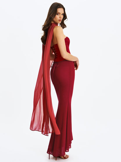 Giselle Crimson Peplum Mermaid Gown with Chiffon Scarf - Miss Circle