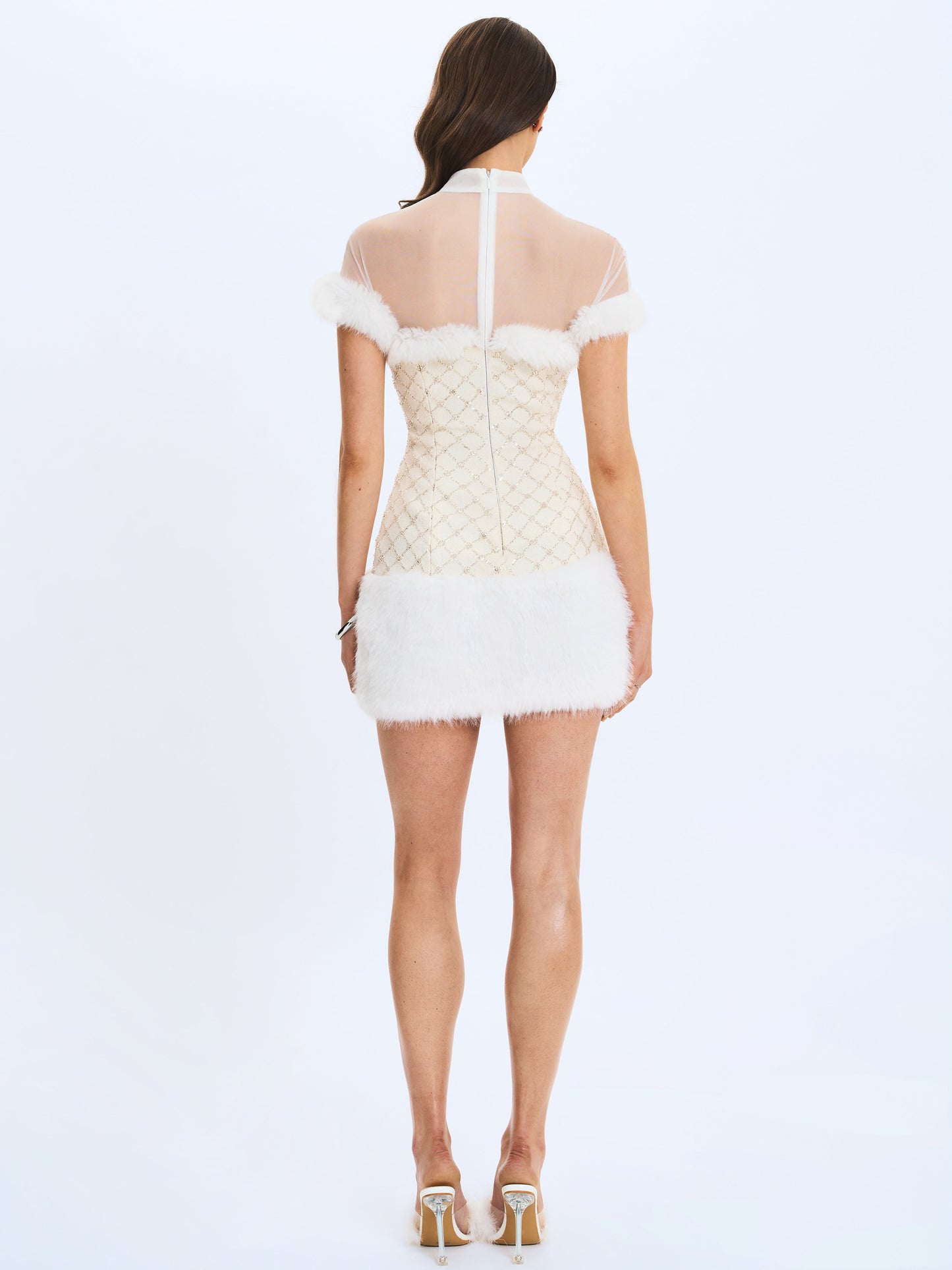 Taylor Ivory Fur Trimmed Beaded Bouclé Mini Dress - Miss Circle