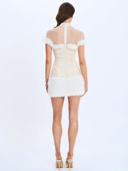 Taylor Ivory Fur Trimmed Beaded Bouclé Mini Dress - Miss Circle