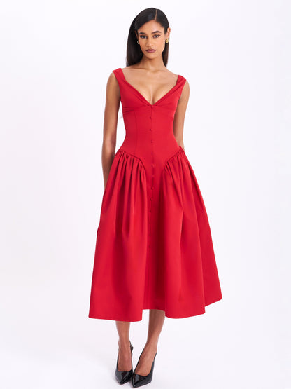 Nahla Red Drop Waist Midi Dress with Buttons - Miss Circle