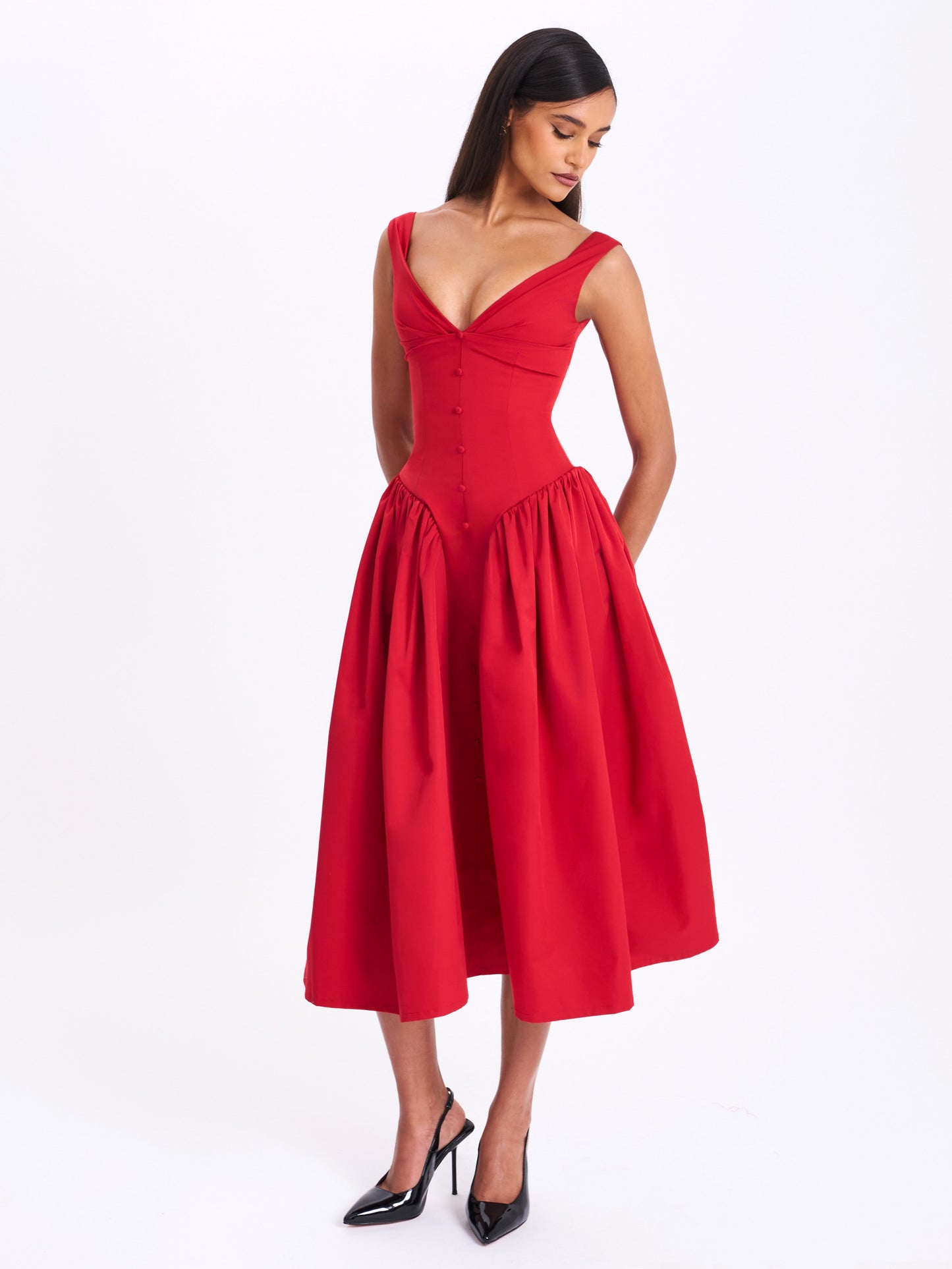 Nahla Red Drop Waist Midi Dress with Buttons - Miss Circle