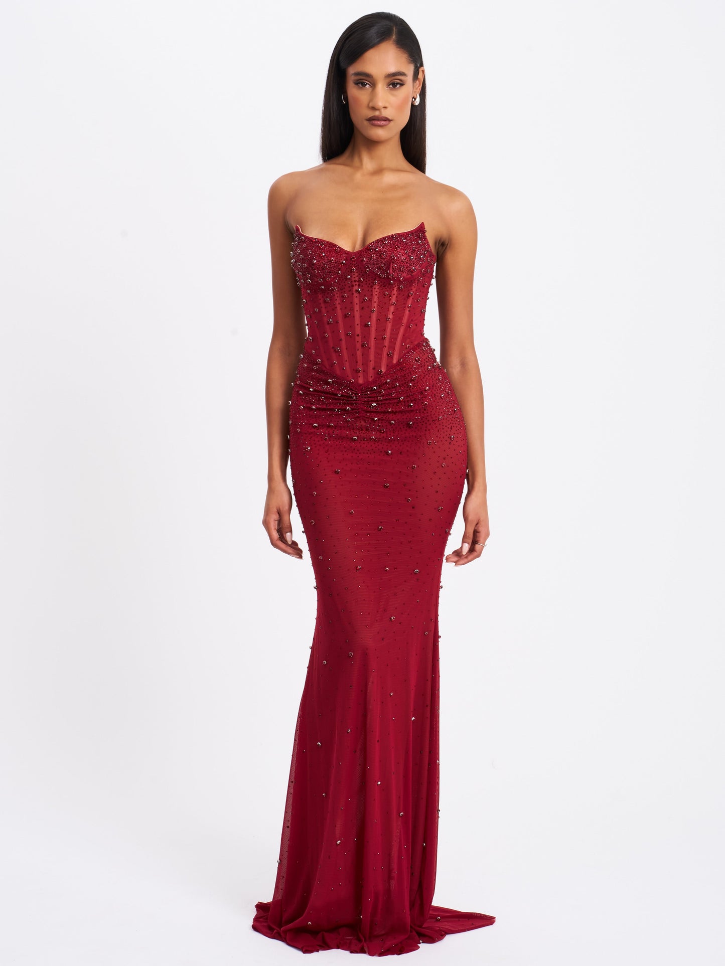 Fatima Burgundy Crystal Sleeveless Corset Mermaid Maxi Dress - Miss Circle