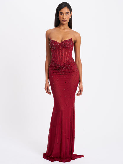 Fatima Burgundy Crystal Sleeveless Corset Mermaid Maxi Dress - Miss Circle