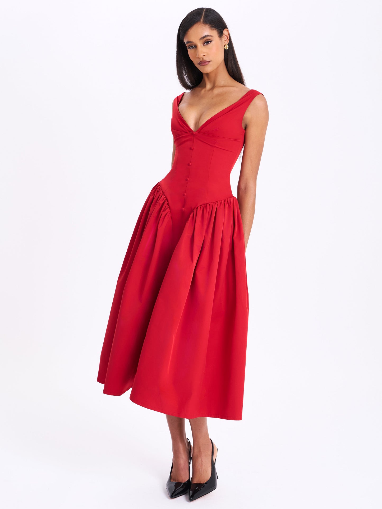 Nahla Red Drop Waist Midi Dress with Buttons - Miss Circle