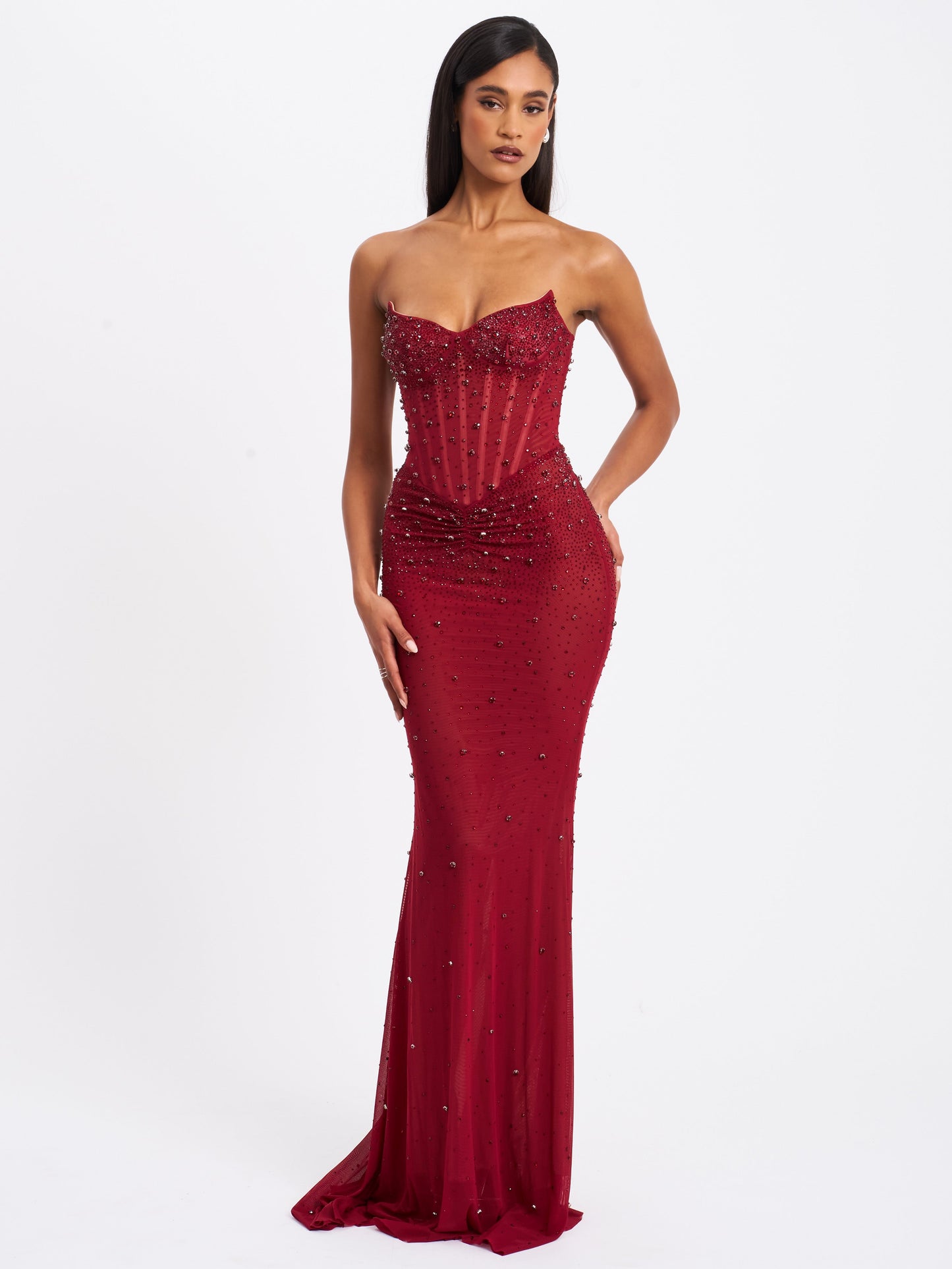 Fatima Burgundy Crystal Sleeveless Corset Mermaid Maxi Dress - Miss Circle