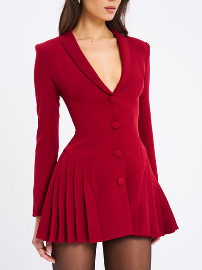 Delia Burgundy Blazer Dress with Pleated Detail - Miss Circle