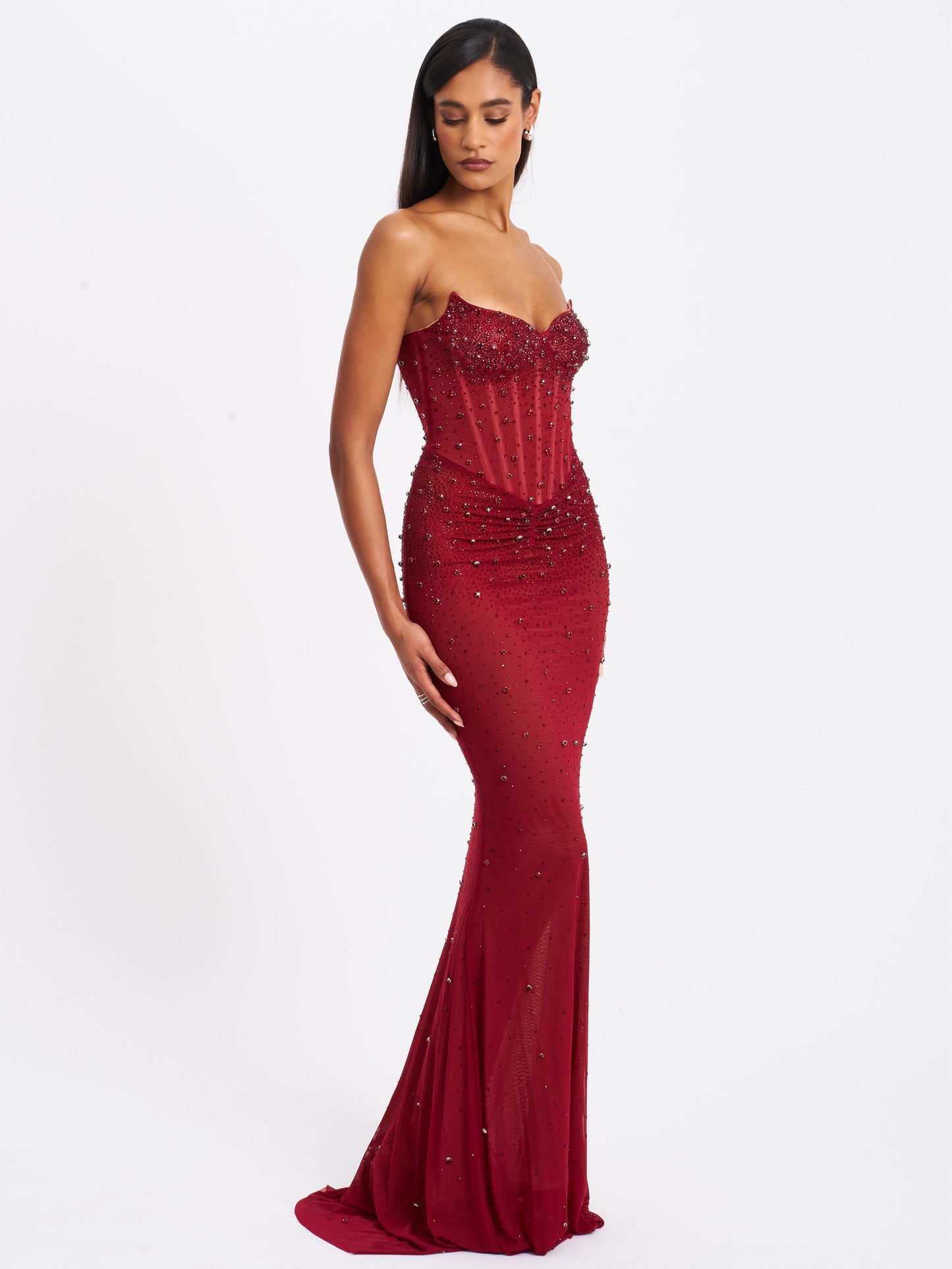 Fatima Burgundy Crystal Sleeveless Corset Mermaid Maxi Dress - Miss Circle