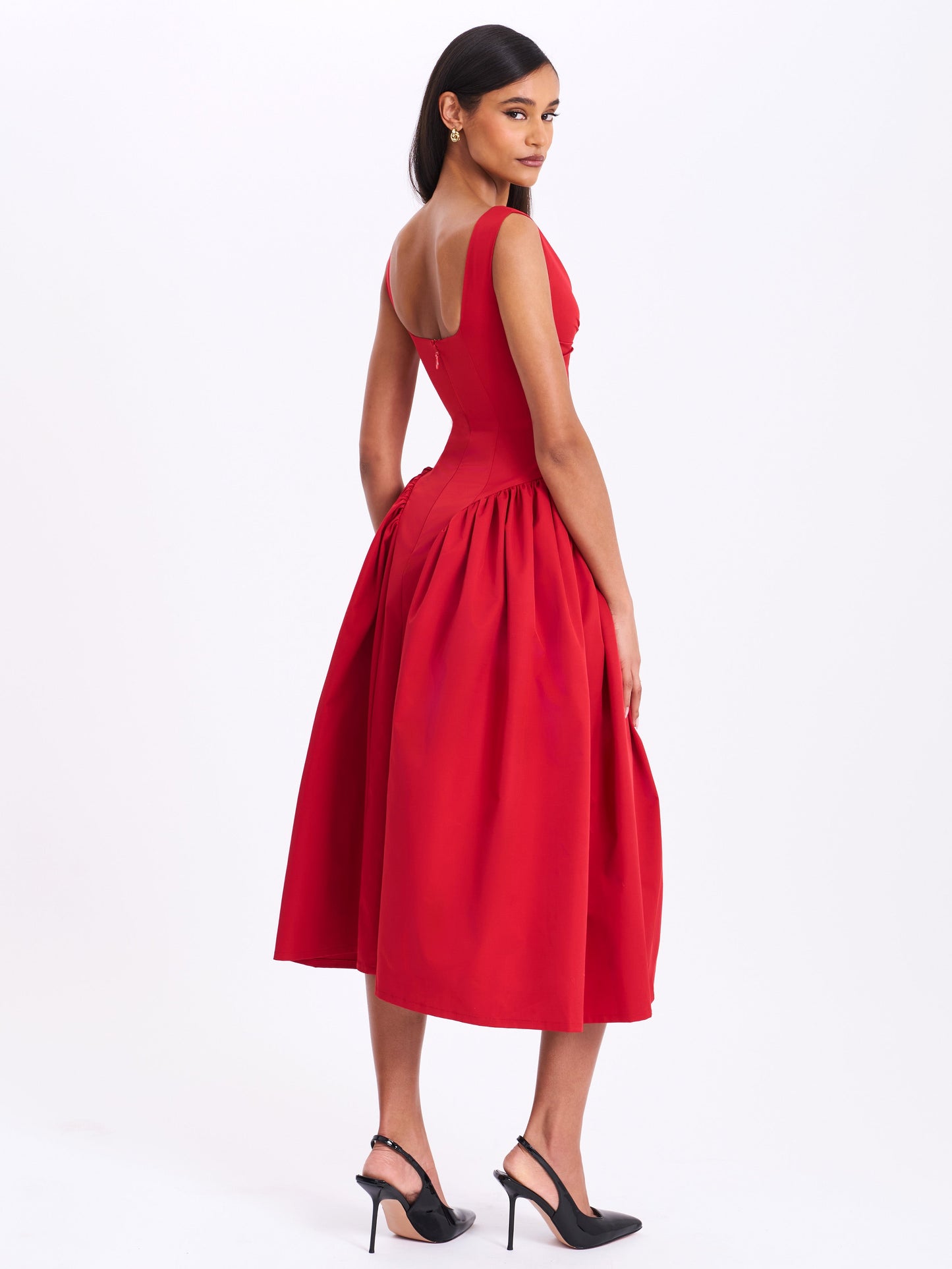 Nahla Red Drop Waist Midi Dress with Buttons - Miss Circle