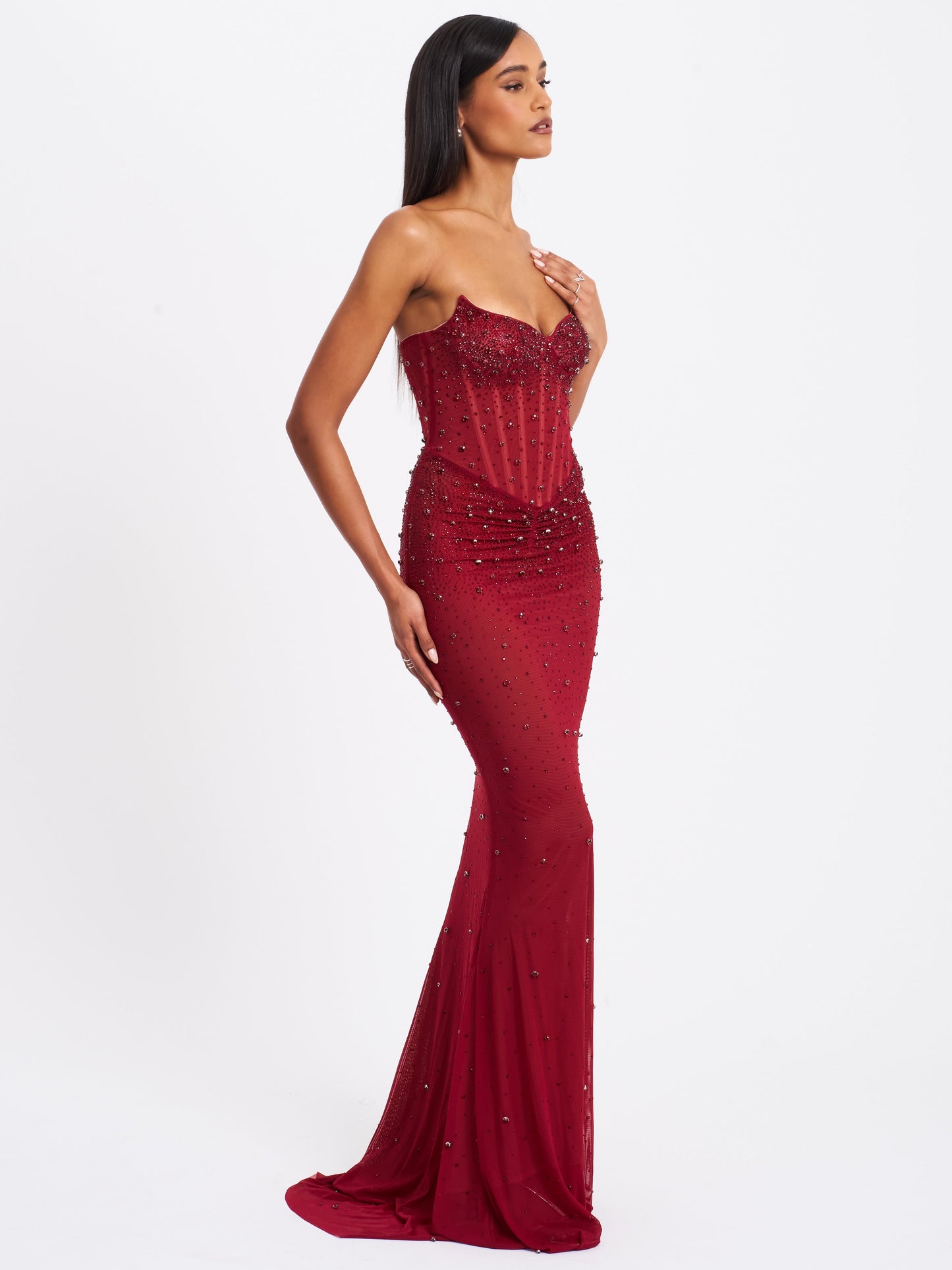 Fatima Burgundy Crystal Sleeveless Corset Mermaid Maxi Dress - Miss Circle