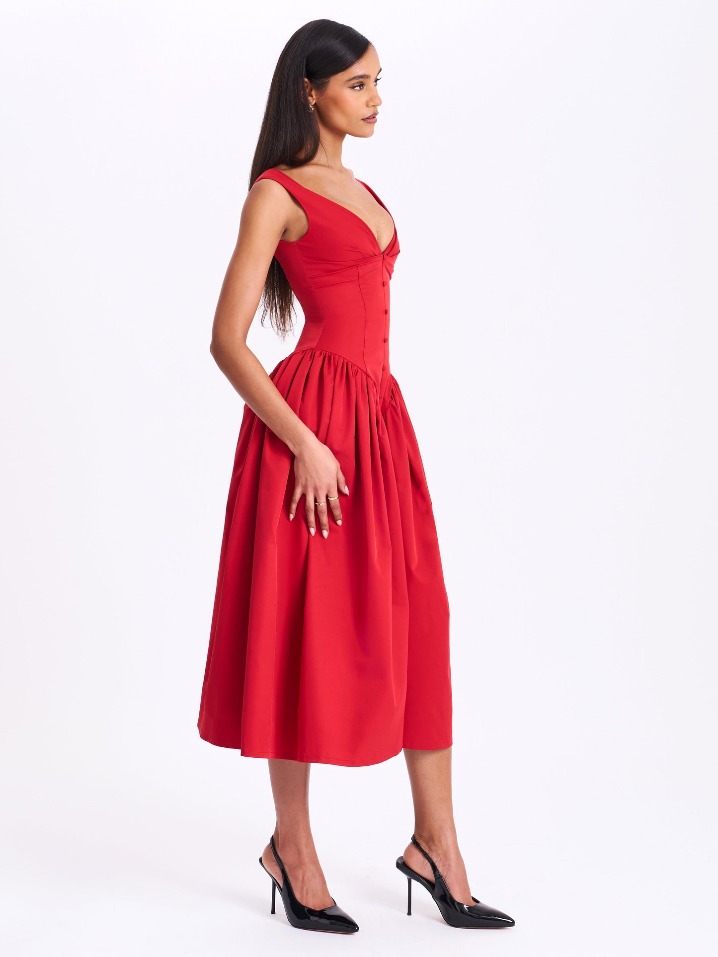 Nahla Red Drop Waist Midi Dress with Buttons - Miss Circle