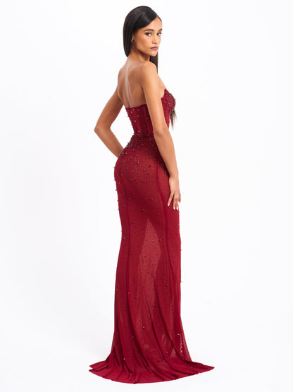 Fatima Burgundy Crystal Sleeveless Corset Mermaid Maxi Dress - Miss Circle