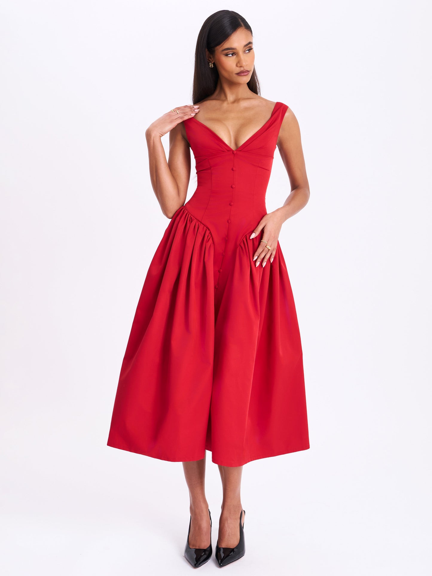 Nahla Red Drop Waist Midi Dress with Buttons - Miss Circle