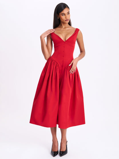 Nahla Red Drop Waist Midi Dress with Buttons - Miss Circle