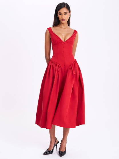 Nahla Red Drop Waist Midi Dress with Buttons - Miss Circle