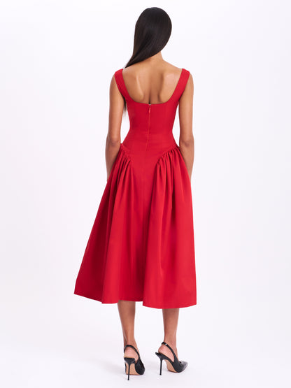 Nahla Red Drop Waist Midi Dress with Buttons - Miss Circle